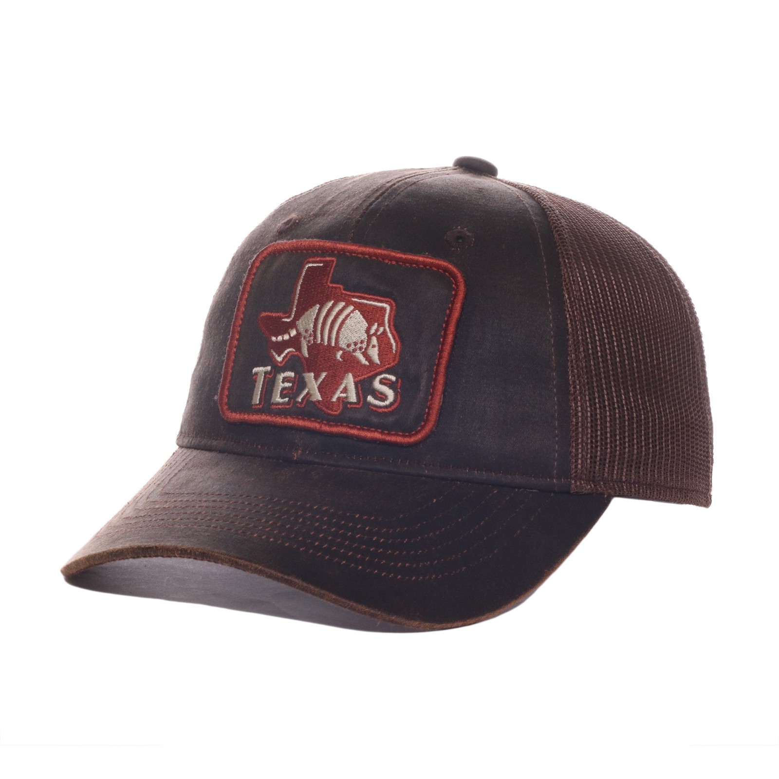 Texas Armadillo Trucker Hat, Brown Cotton Blend Mesh Back Snapback Cap