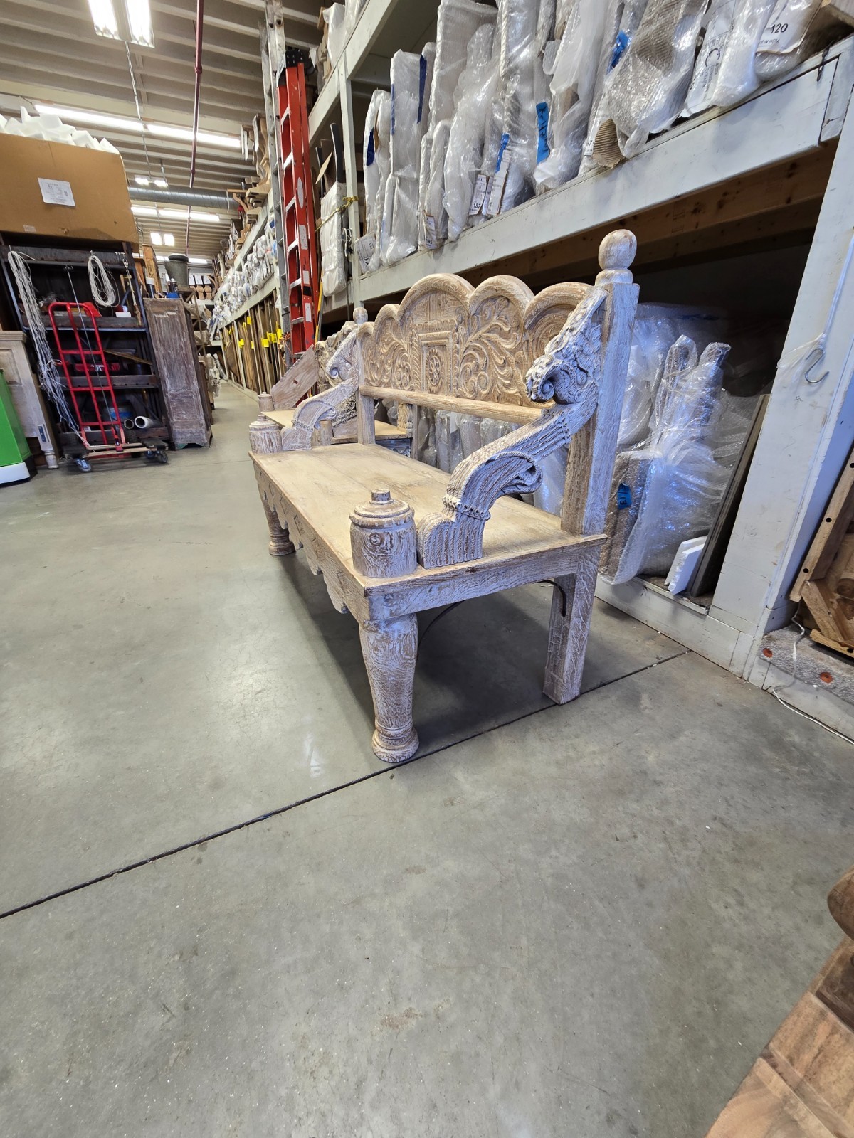 Reclaimed solid wood bench with floral carving design