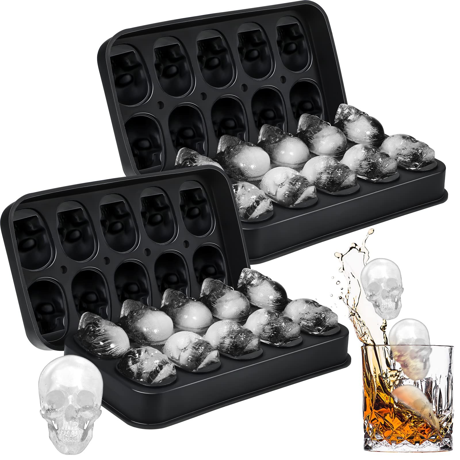 2 Pack Black Silicone Skull Ice Cube Maker Molds 4.3 x 7.3 Inch