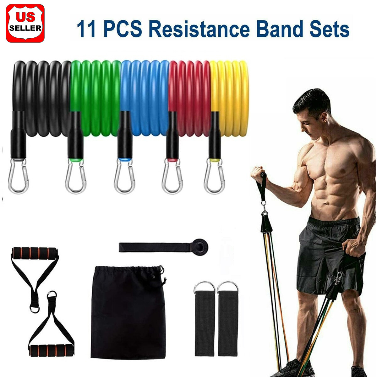 11 PCS Resistance Band Set Yoga Pilates Abs Exercise Fitness Tube Workout Gym US