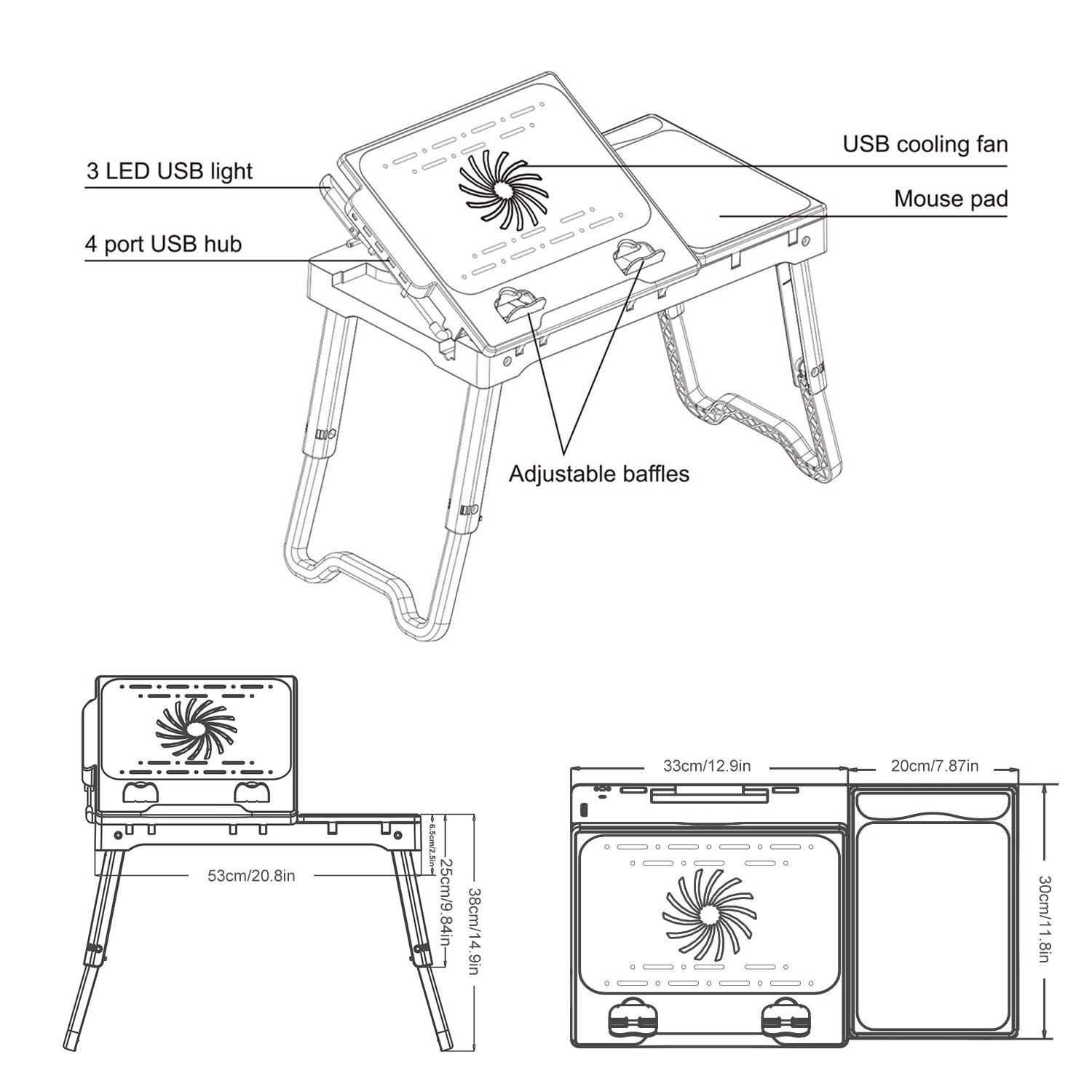 Adjustable Foldable Laptop Notebook Desk Table Stand Bed Tray w/Cooling Fan