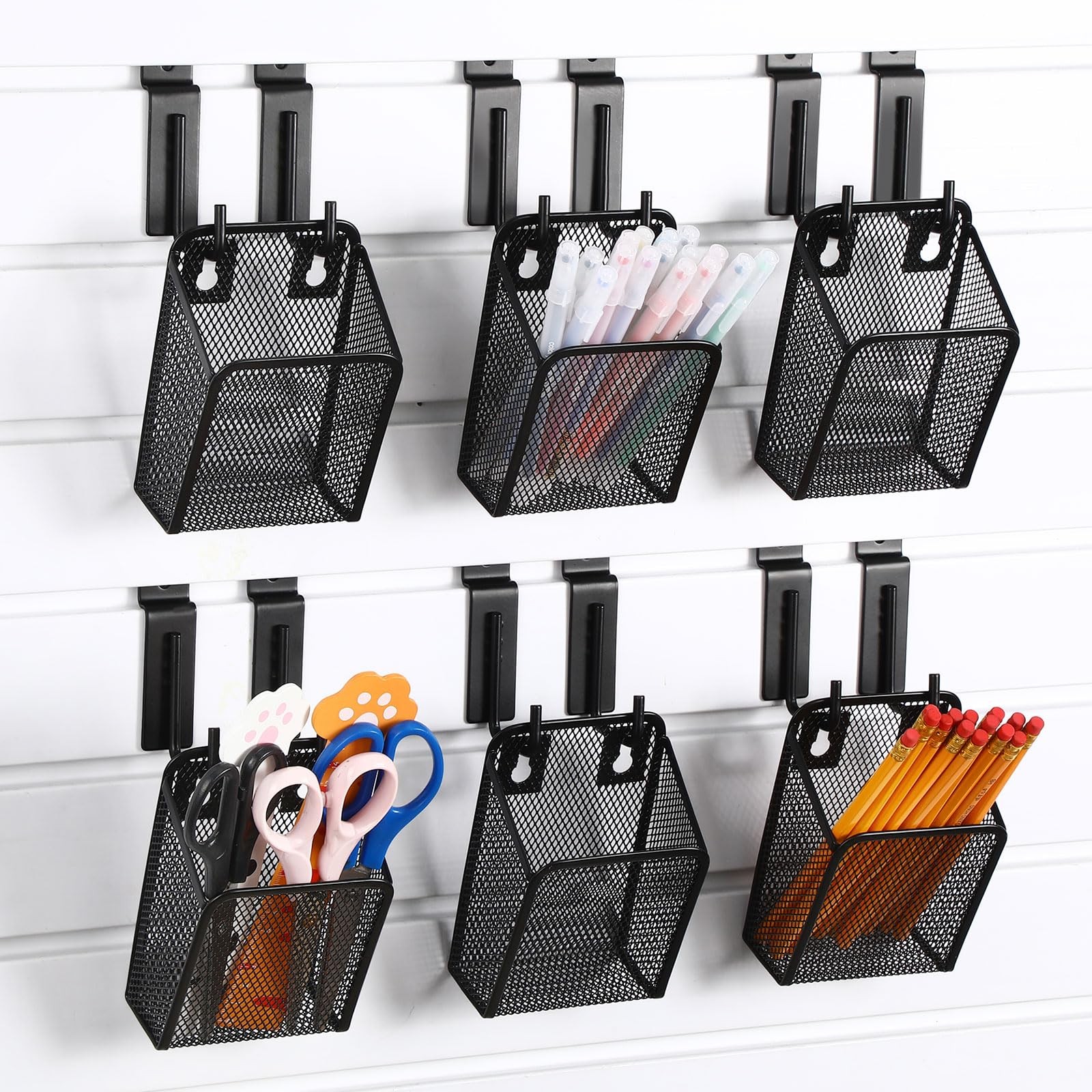 6 Pcs Slatwall Bins Pencil Holder with J Hooks Wall Mount Metal Slatwall Bin ...