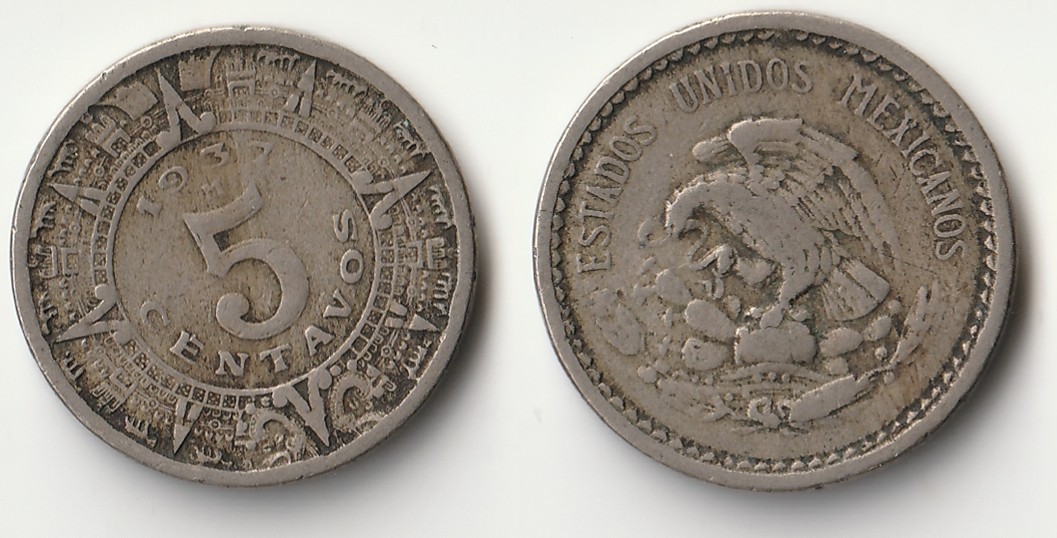 1937 Mexico 5 centavos coin
