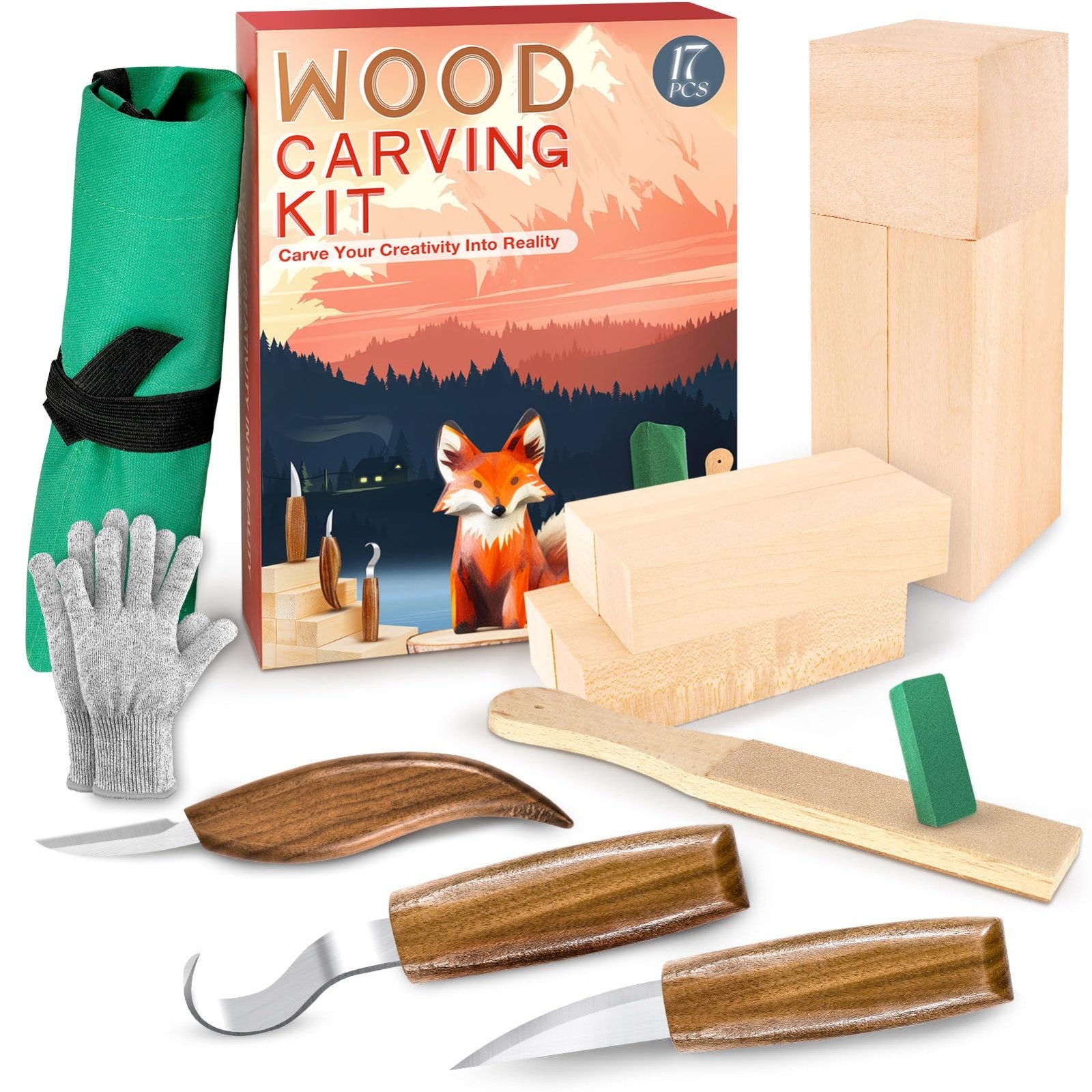 17PCS Wood Carving Kit for Beginners - Whittling Tools, Basswood Blocks & Access