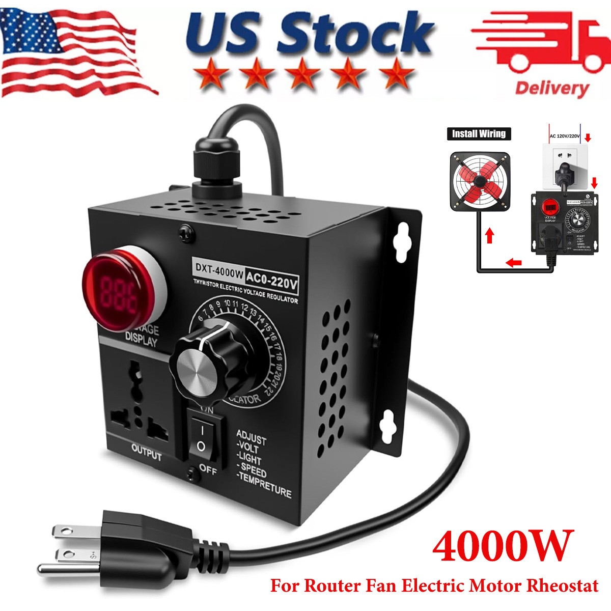 AC Variable Speed Controller,120V~220V 15A 4000W SCR Voltage Controller Black