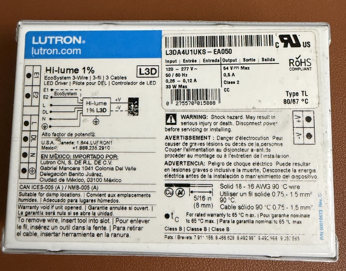 LUTRON HI-LUME 1% ECOSYSTEM / 3-WIRE DIMMABLE  LED DRIVER L3DA4U1UKS-EA050