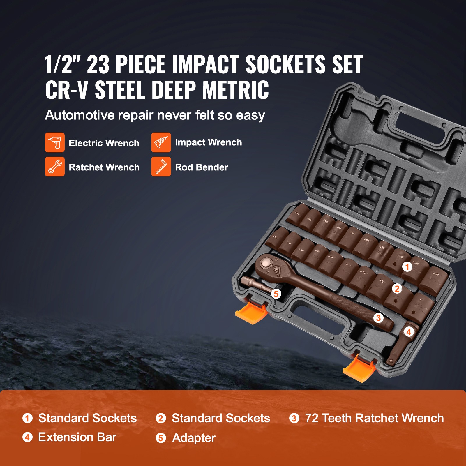 Impact Sockets Set 23pcs 6-Point 1/2in Drive Bit Ratchet Tool Kit Case