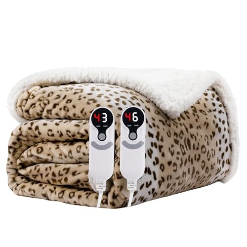 Electric Heated Blanket Queen Size 84x90inches-Queen E-beige Leopard Print