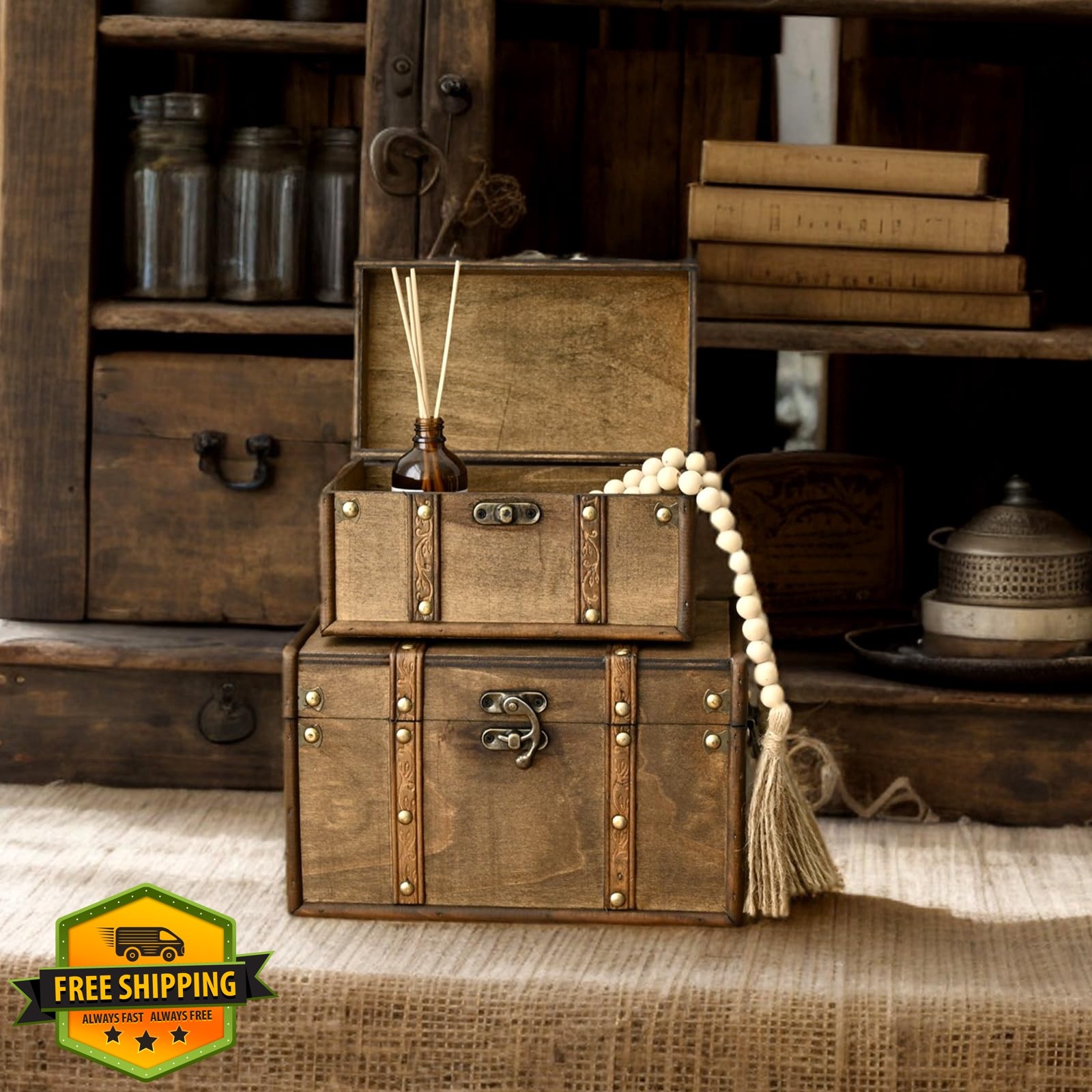 DECOR4SEASON Wooden Storage Trunk Set 2 Brown