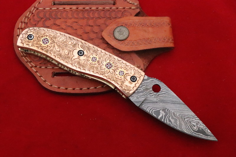 SALE CUSTOM ENGRAVED STEEL ROSE GOLD STEEL FOLDING KNIFE DAMASCUS STEEL 8" KNIFE