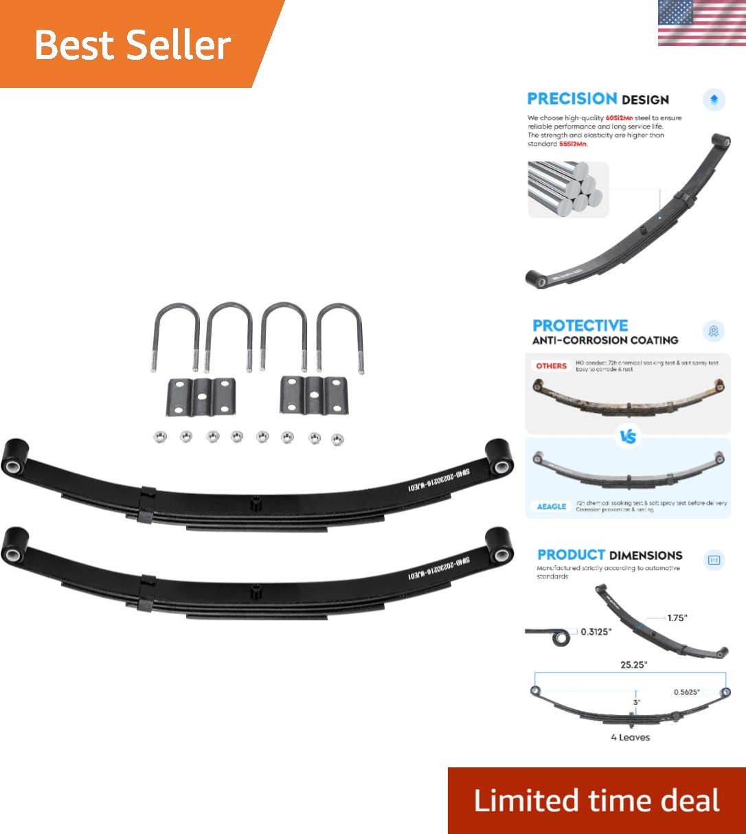 25-1/4" 4-Leaf 1750lb Capacity Double Eye Spring for 3500lb Trailer Axle & U-...