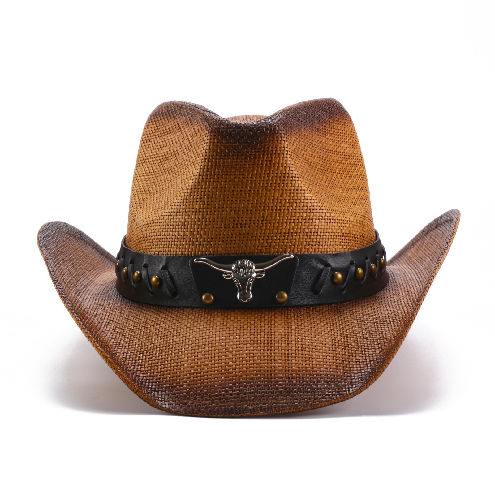 Men's and Women Western Bullhead Cattleman Crown Straw Cowboy Cowgirl Hat, Brown