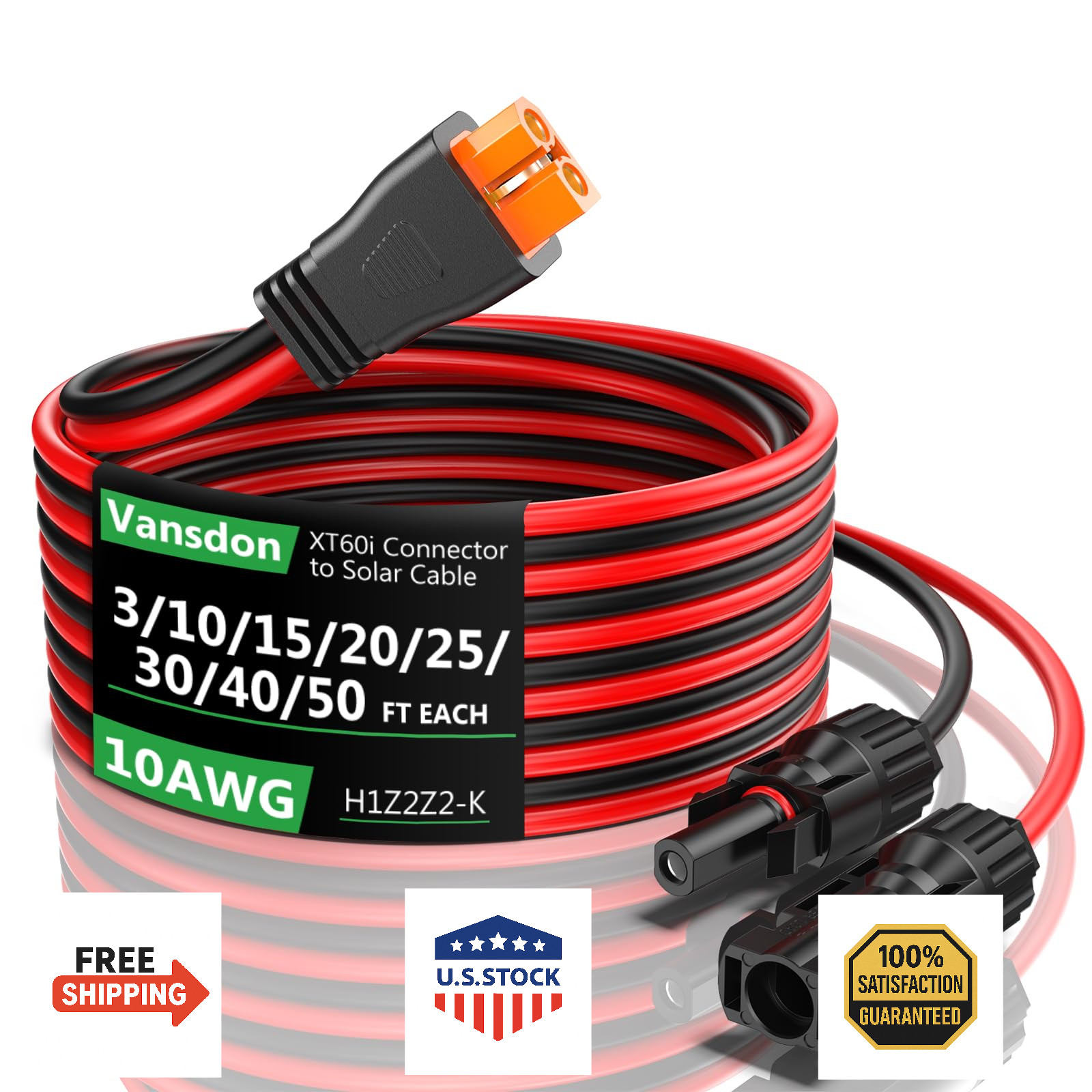 Vansdon Solar to XT60i Extension Cable 10AWG 20FT XT60i Female to Male