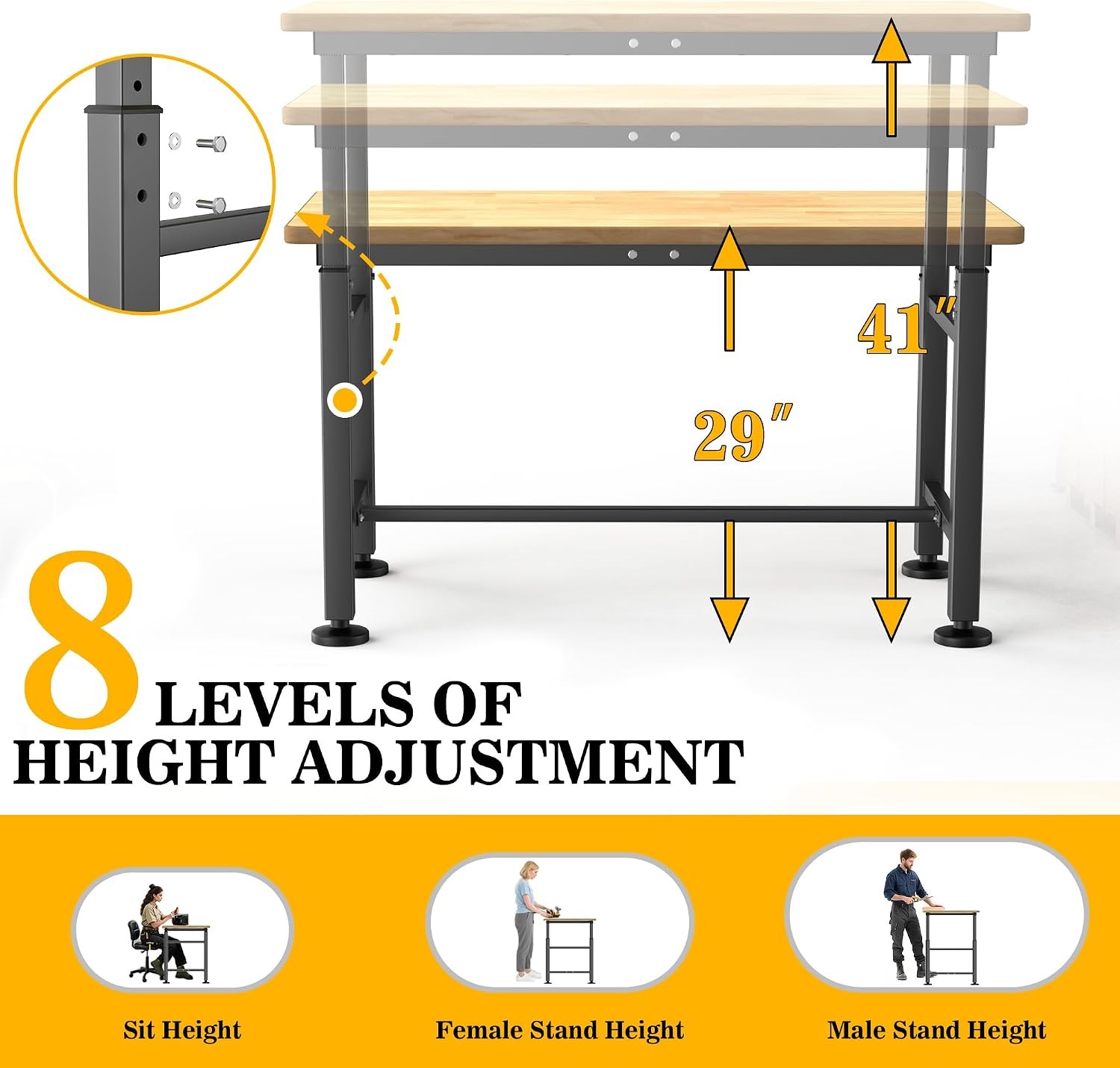 Workbench Garage 47.5" Adjustable Height Work Table Heavy Duty Rubber Wood