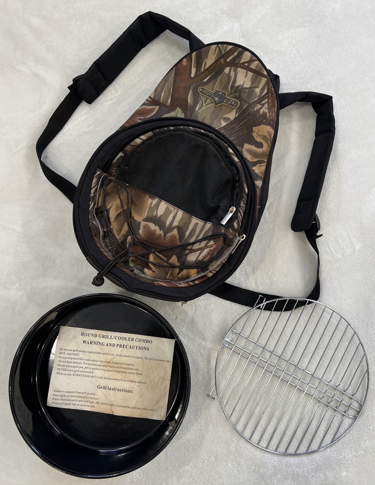 Silver Wolf Camo Camping Backpack With Round Grill/Cooler Combo