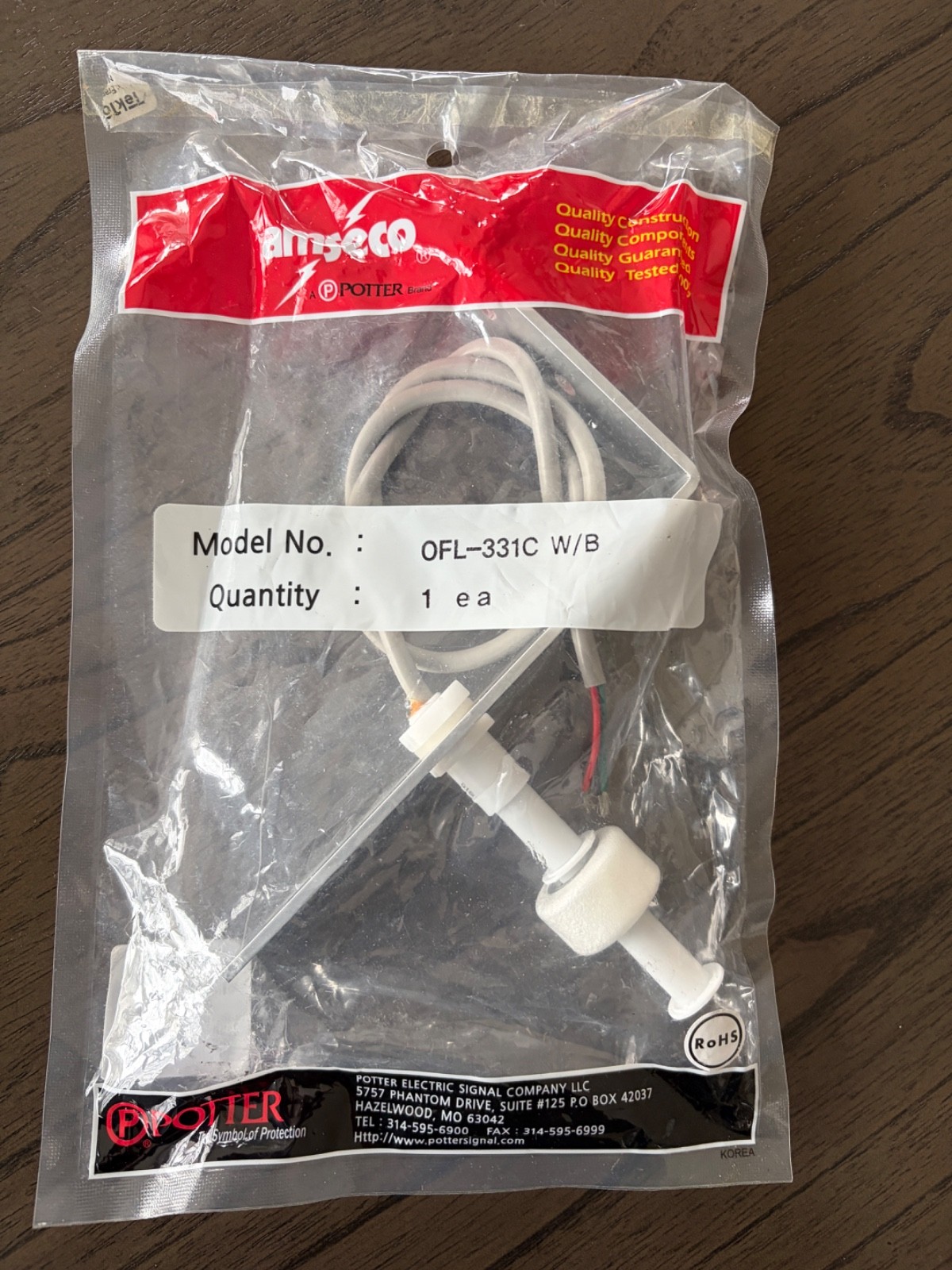 Potter Amseco Model OFL-331C Water/Sump Float Switch Alarm NO/NC SEALED-NEW!!