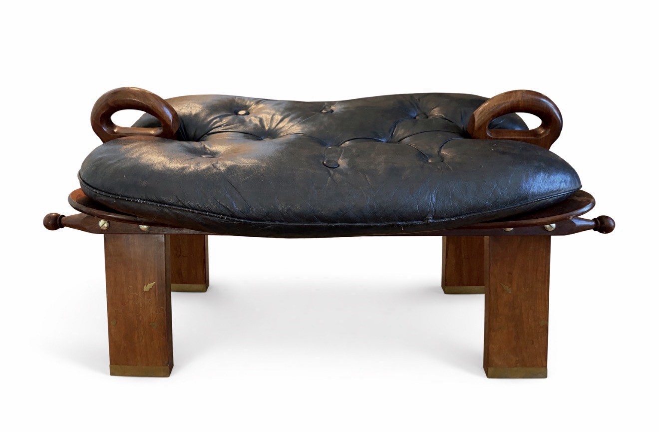 Vintage Camel Saddle Stool Ottoman Leather & Wood w/ Handles  – Moroccan Style