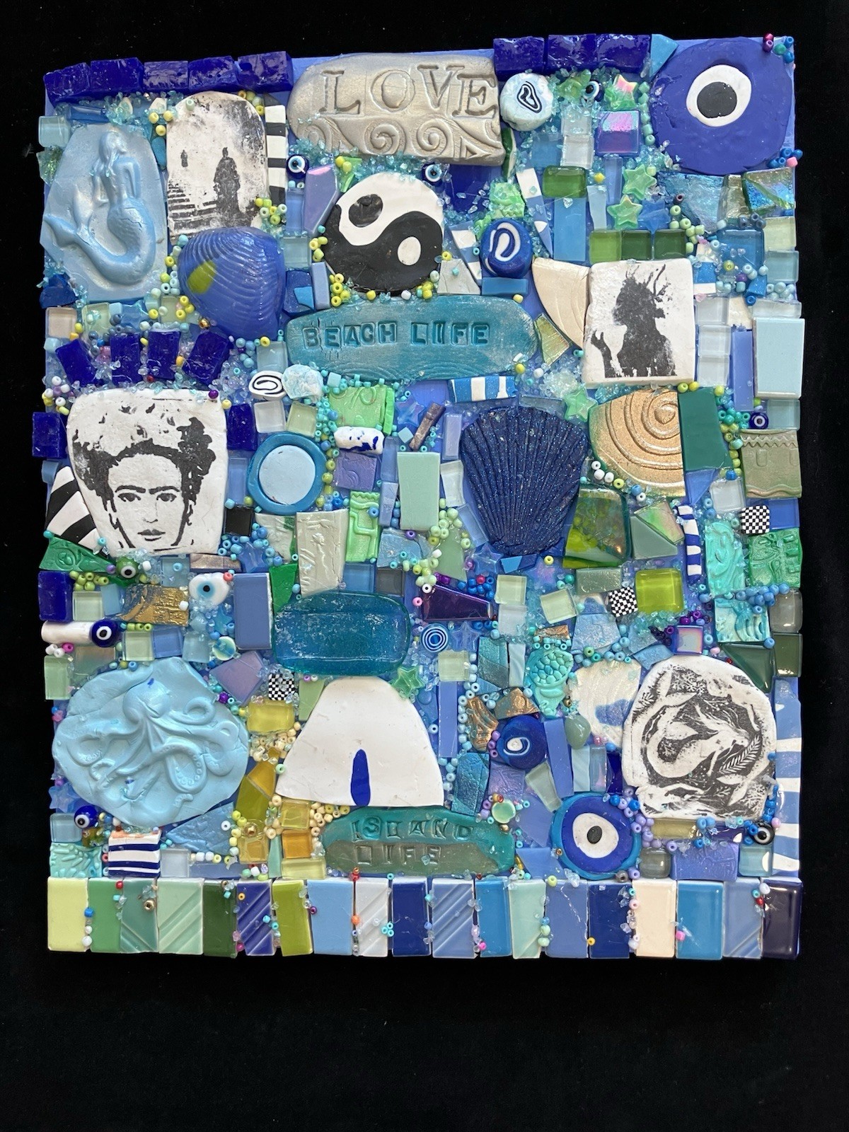Handmade Clay Mosaic Art “Beach  Life” Polymer Clay Original On Wood  12”x10”