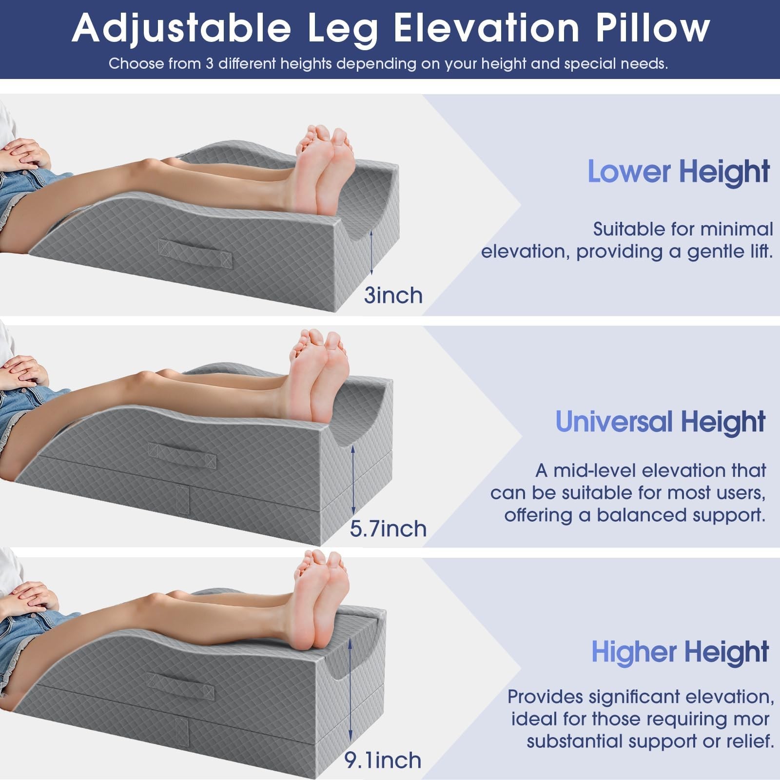 CushZone Adjustable Memory Foam Leg Elevation Pillow for Blood Circulation, Grey
