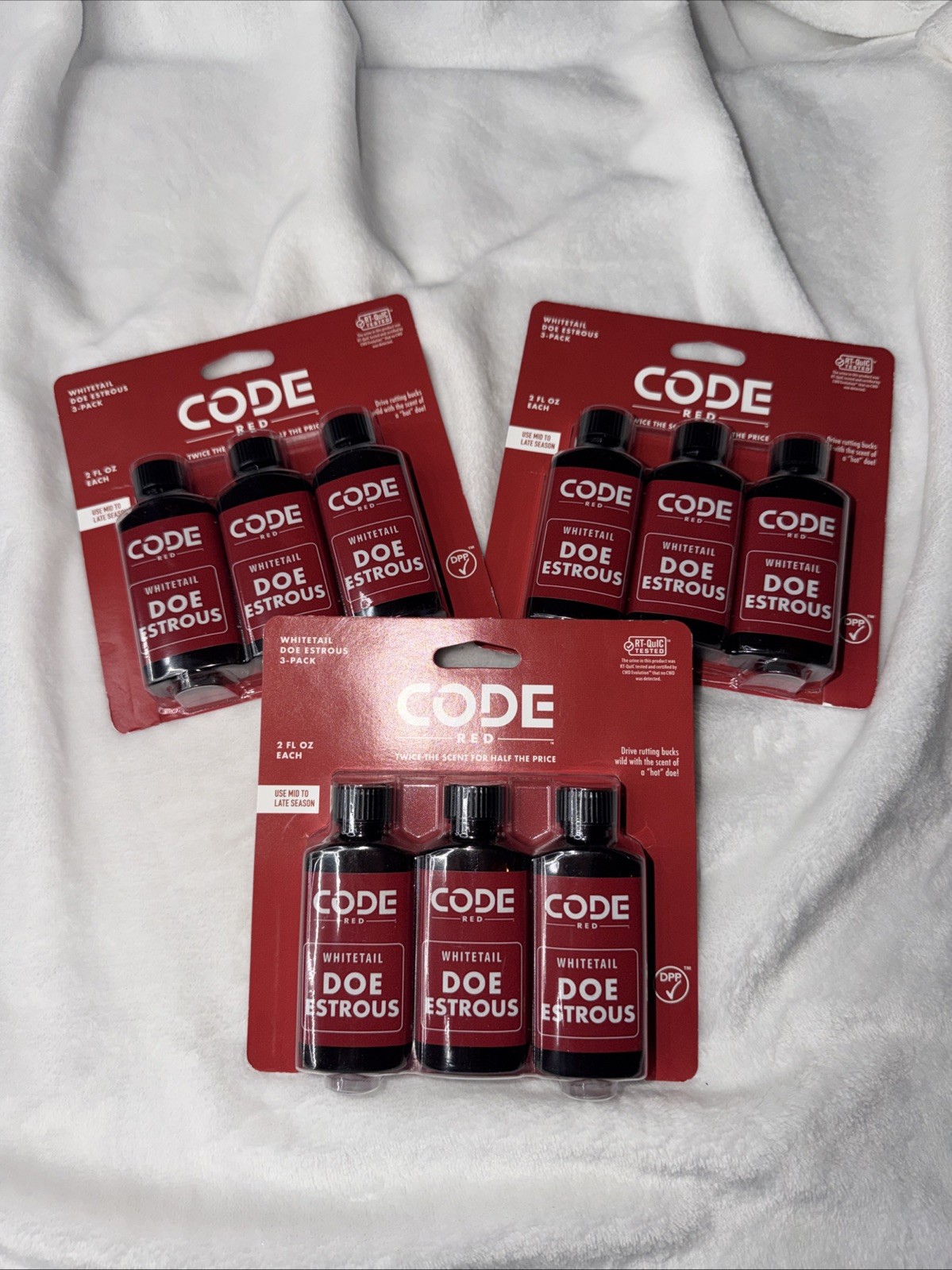 Code Red Whitetail Doe Estrous Deer Hunting Scent 3 Packs 9 Bottles Total. New!!