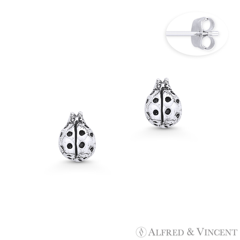 Ladybug Insect Lady-Luck Charm Stud Earrings Oxidized .925 Sterling Silver Studs