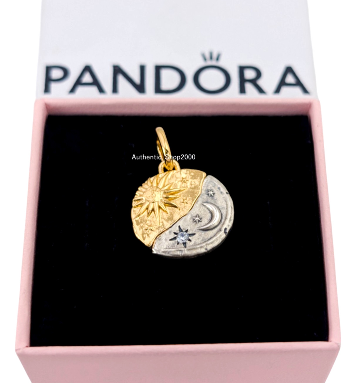 New 100%  Authentic PANDORA 14k Gold 925 Sun & Moon Medallion Charm 763977C01