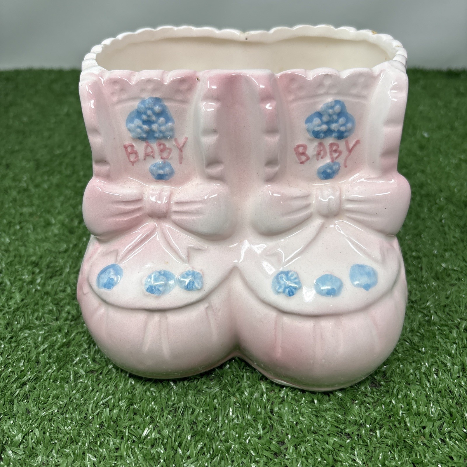 Vtg. Baby Shoe Planter By My-Neil Handcrafted Made in Haiti Pink Nursery Decor