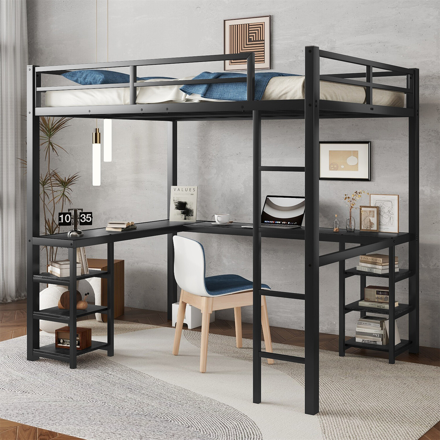 Full Size Loft Bed Metal Bed Frame with Desk and Storage Shelves Black