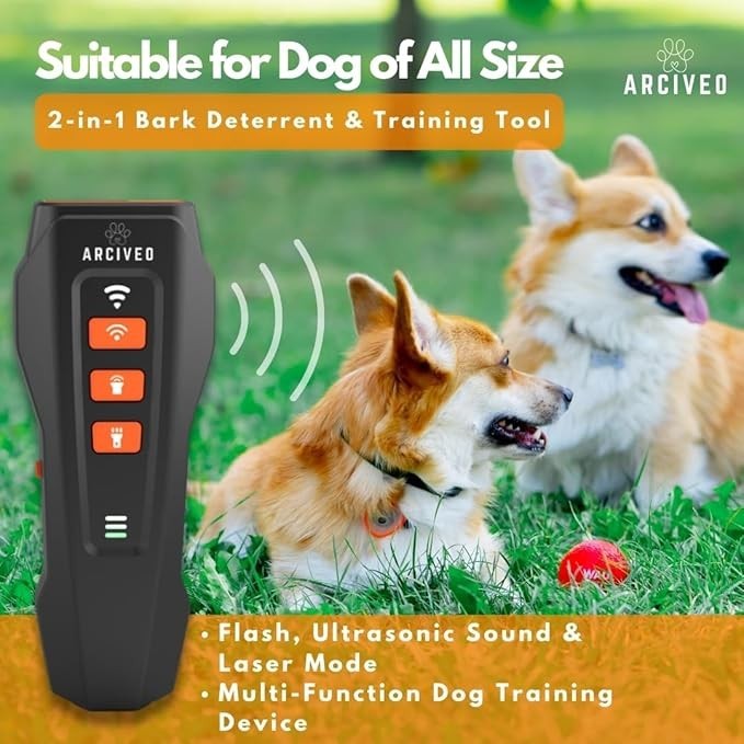 Ultrasonic Dog Bark Deterrent Device with Laser Light – 50ft Long Range