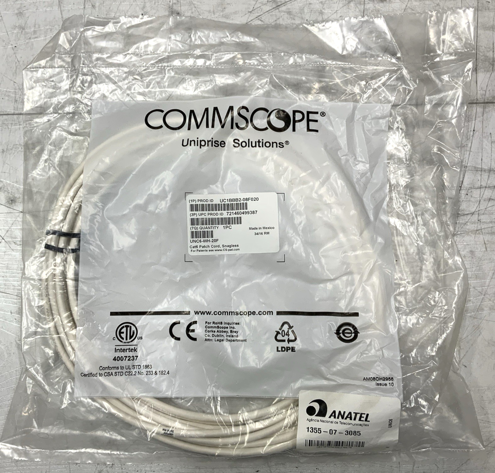 Commscope Uniprise 20-Foot Cat6 Patch Cord (Snagless), White | UNC6-WH-20F
