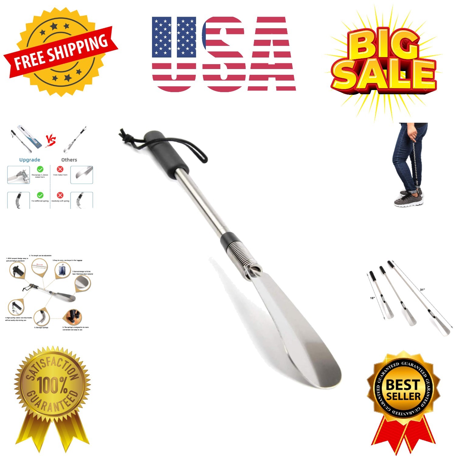 Long Handled Shoe Lifter 16" to 31" Adjustable Expander Shoe Horn - Extends &...