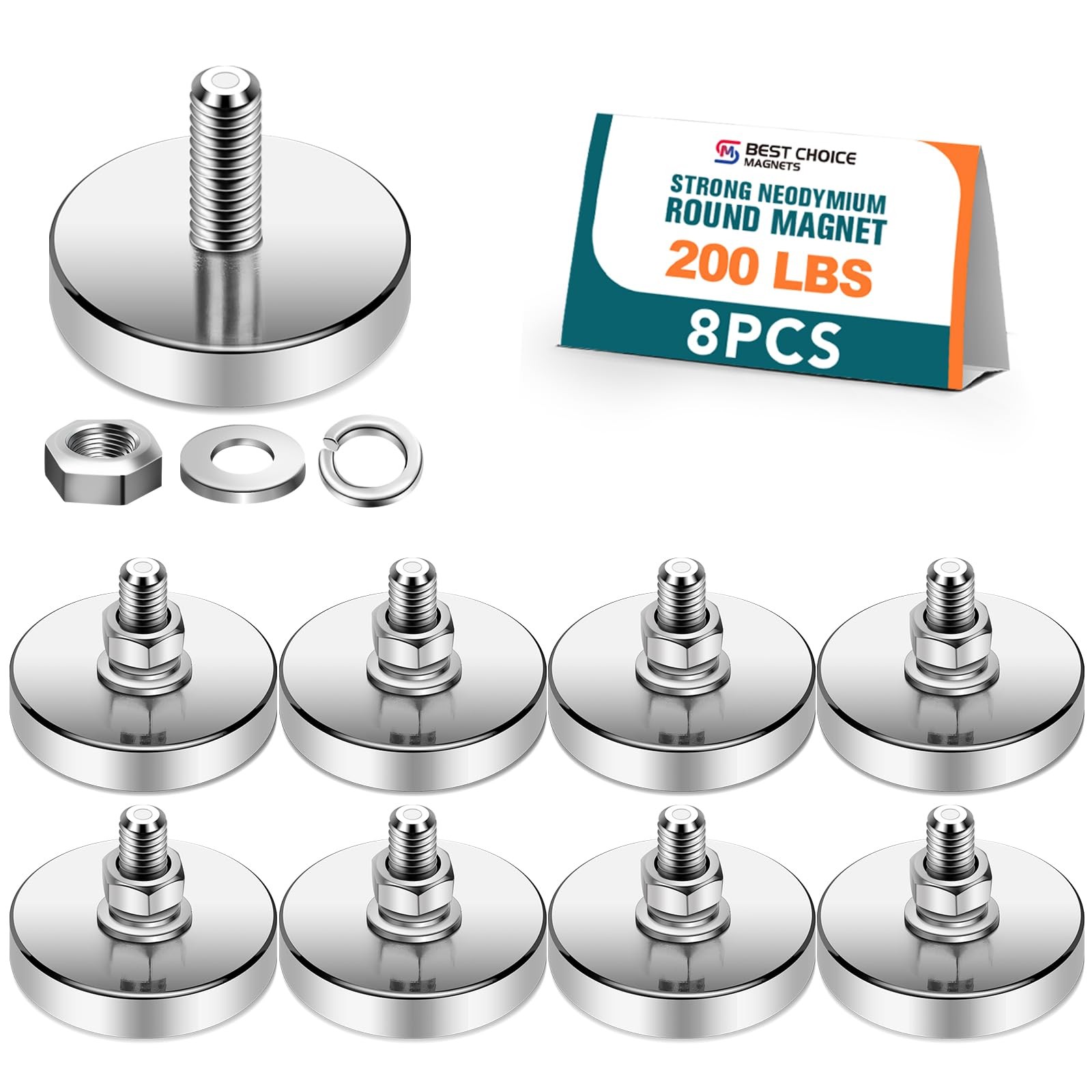 Super Strong Neodymium Round Magnet with M8 Male Thread Nuts Bolts 200 lb Cor...