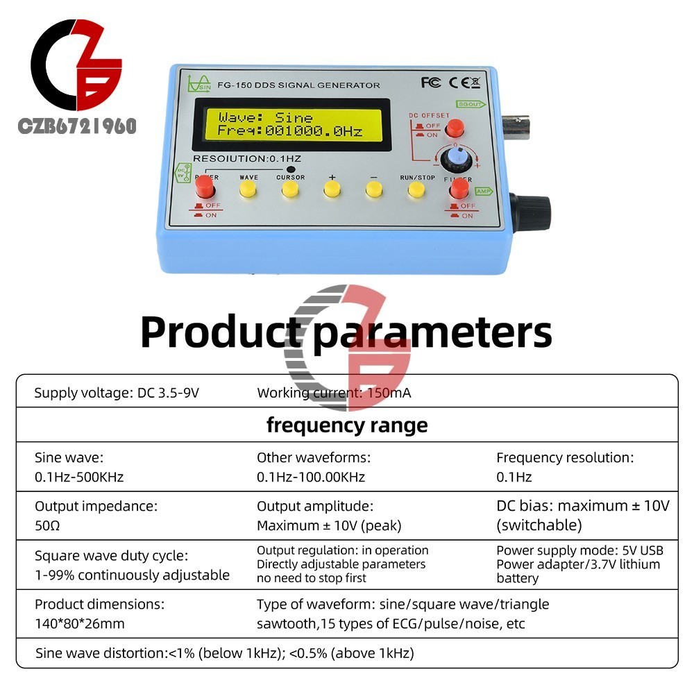 FG-150 DDS Function Signal Generator 0.1Hz-500kHz Frequency 15 Waveforms
