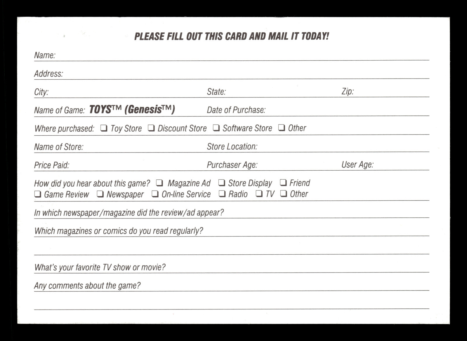 Toys (Sega Genesis) *REGISTRATION CARD ONLY*