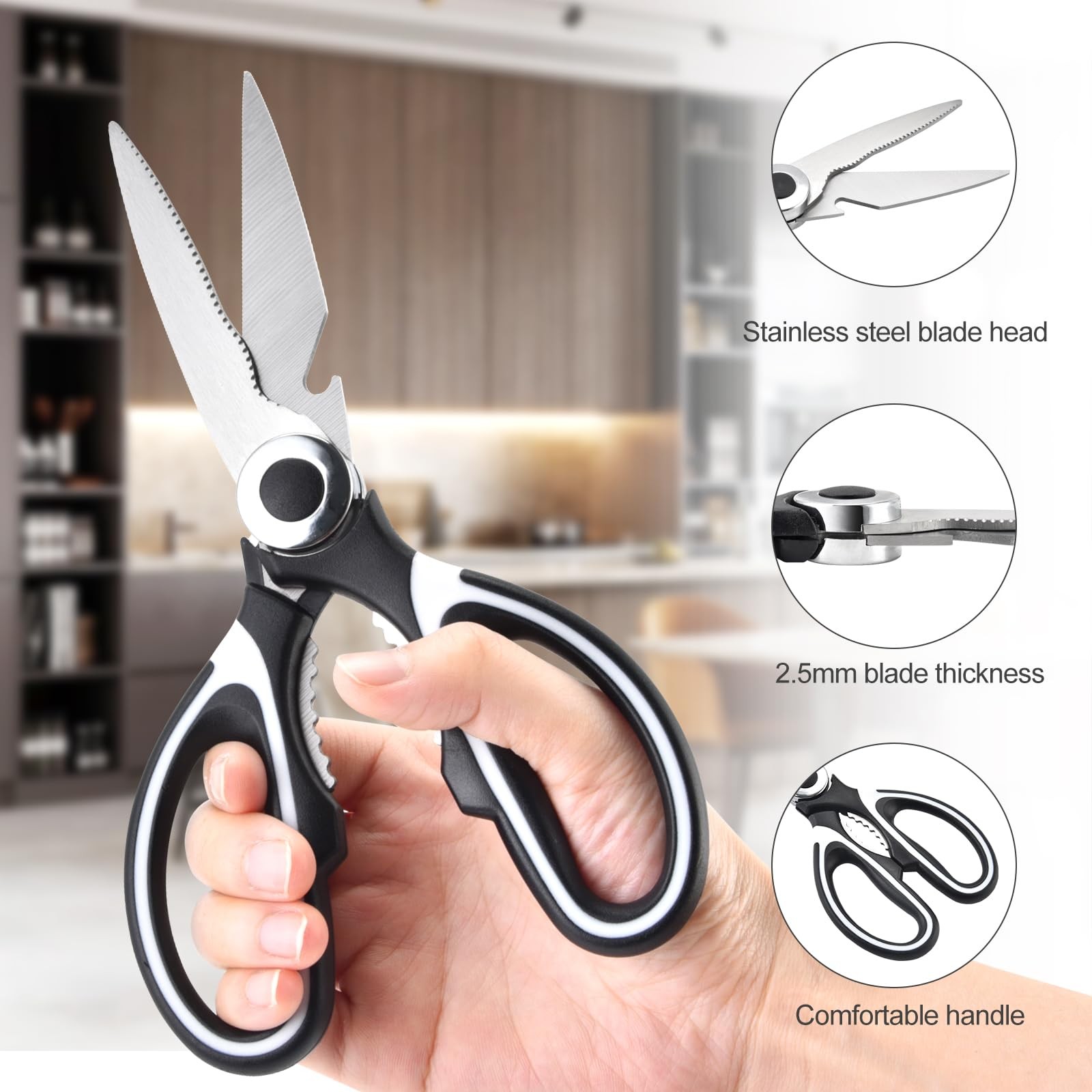 OMDAR Kitchen Scissors All Purpose 3 Pack - Heavy 8.3 Inch, Black & White