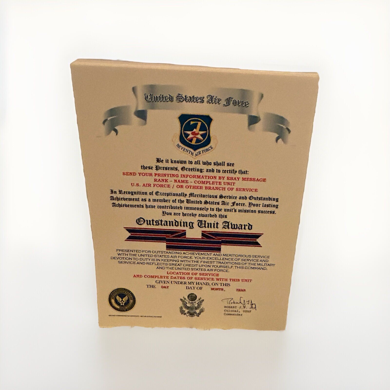 U.S. AIR FORCE / SEVENTH AIR FORCE - OUTSTANDING UNIT AWARD CERTIFICATE