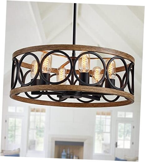 Modern Farmhouse Drum Chandelier Black and Retro retro wood 6-Lights chandelier
