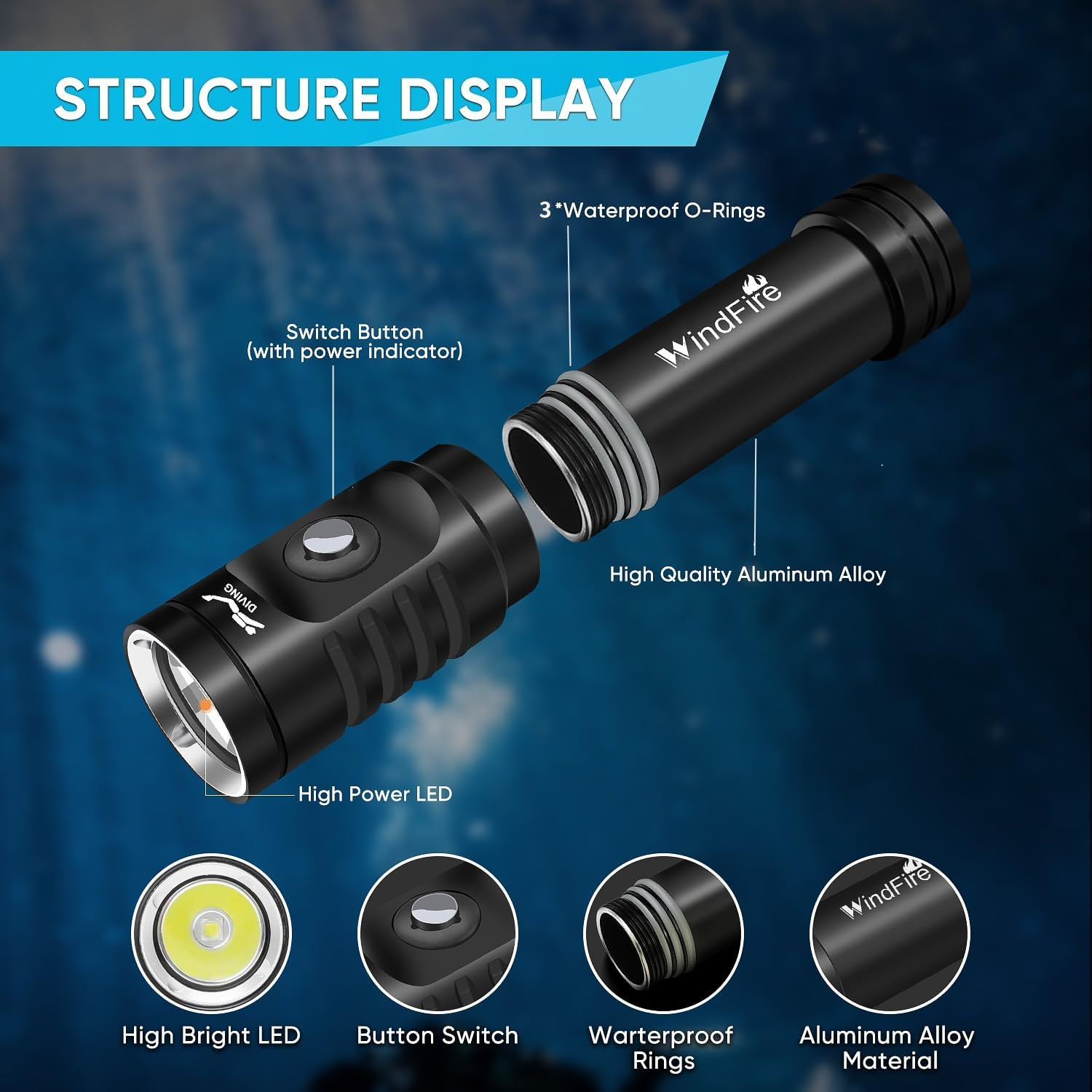 Dive Light Scuba Diving Flashlight, Super Bright Rechargeable Waterproof Torch w