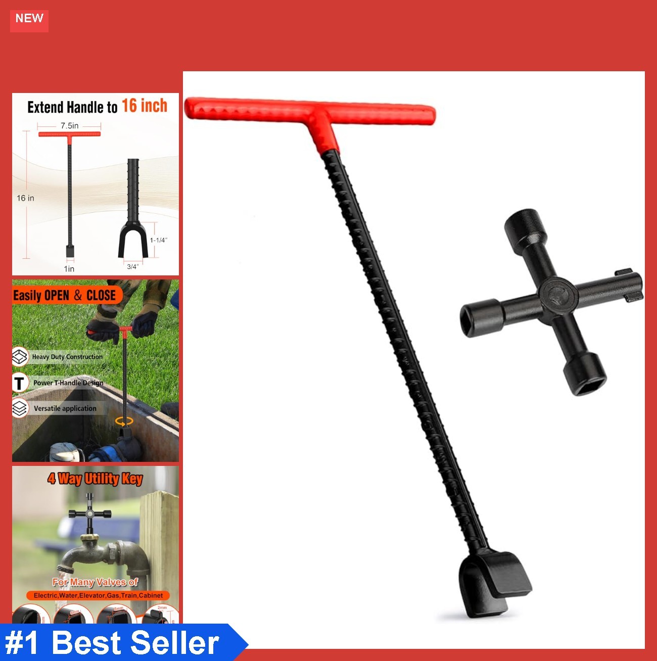 16 inch Water Meter Key T Handle Heavy Duty Steel 4 Way Multi Functional