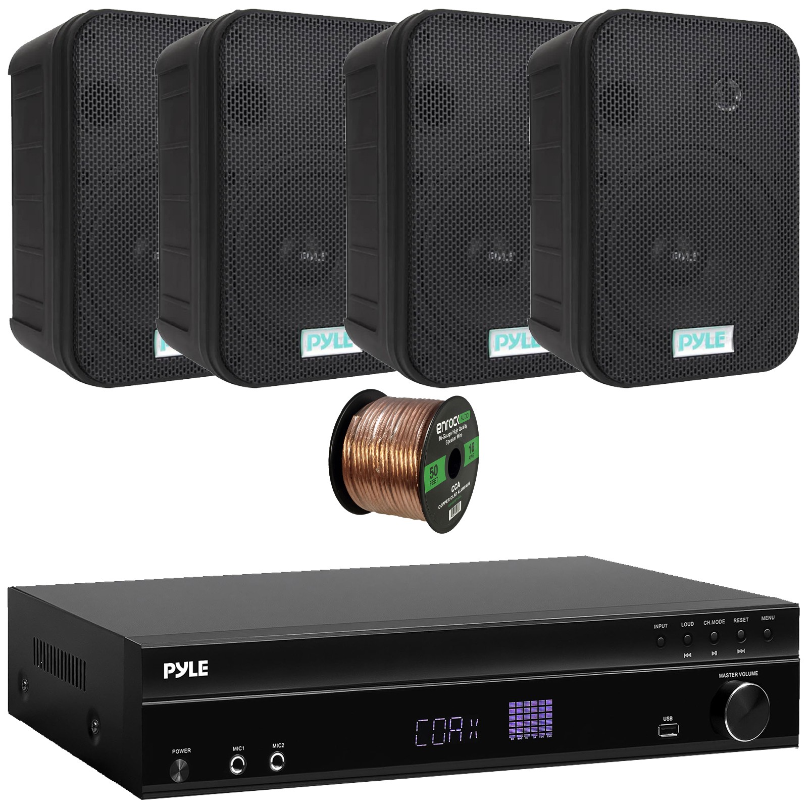 Pyle PT875BT FM Bluetooth Audio Receiver, 4x 6.5'' 500W Indoor/Outdoor Speakers