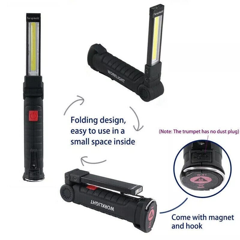 2x LED COB Red White Work Light USB Rechargeable Flashlight Magnetic Base Small