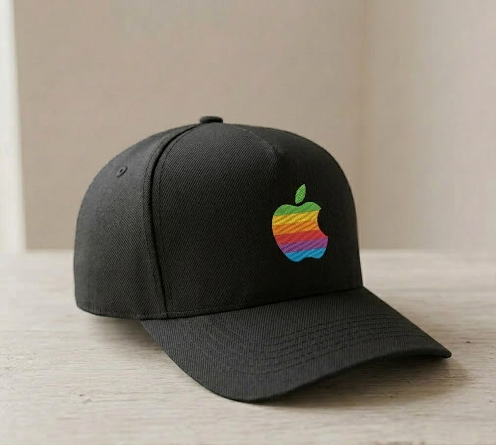 Apple Rainbow Logo Embroidered 2D h Retro Tech Black Cap Adjustable One Size New