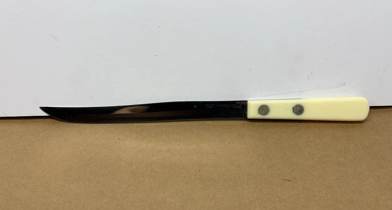 Vintage prestige Made In England slicing cutting knife White Handle - FREE SHIP!