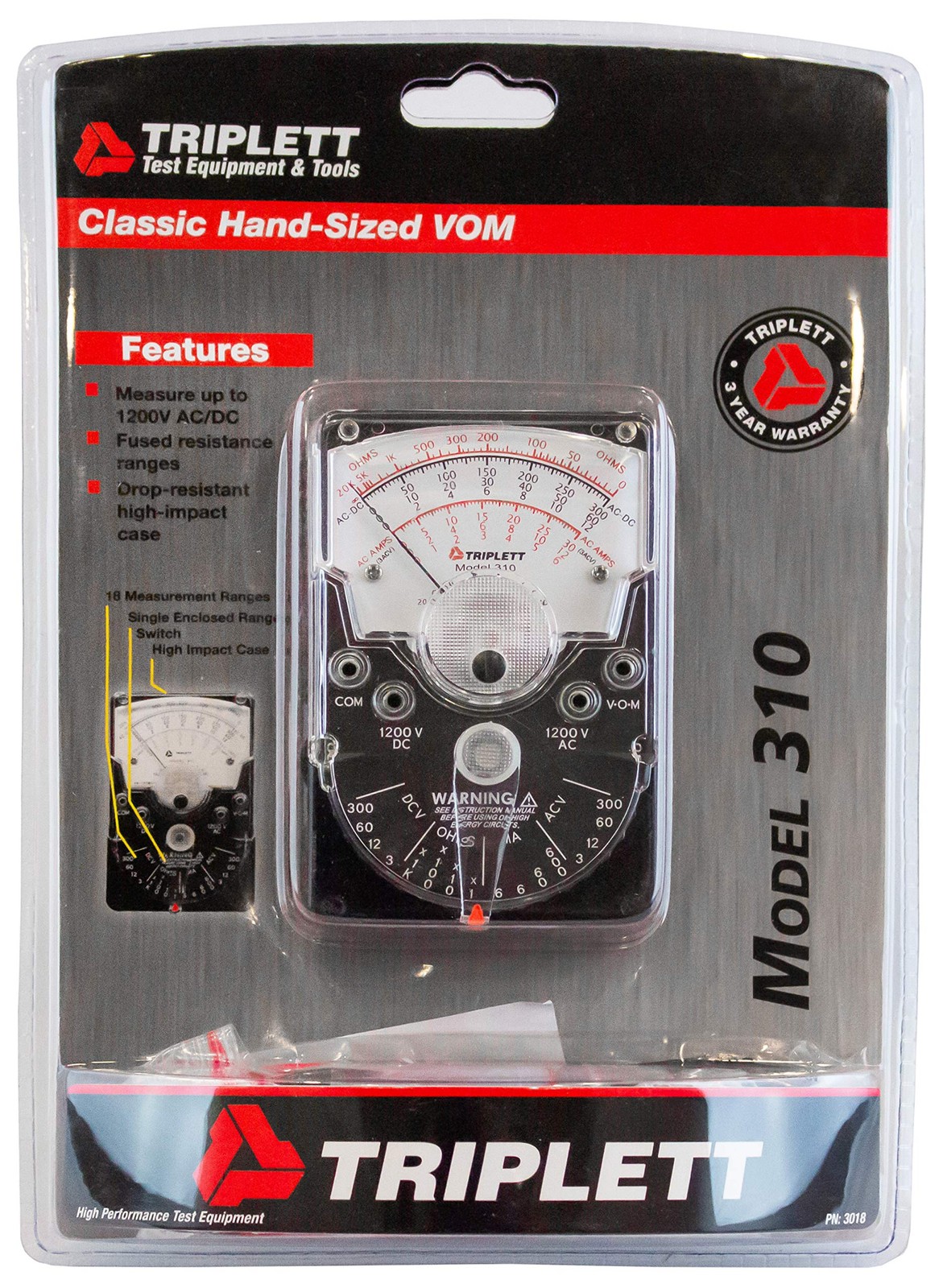 Triplett 3018 Model 310 Hand-Sized Analog Multimeter - AC/DC Voltage, DC Curr...