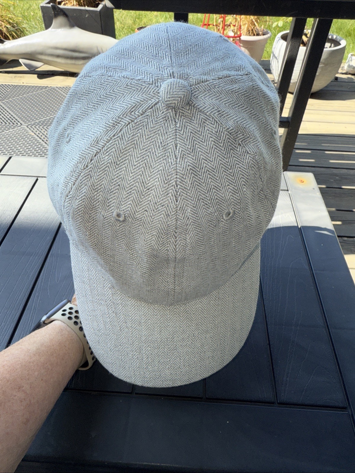 Herringbone fabric pattern Gray White Hat Cap Leather Strap Buckle EUC