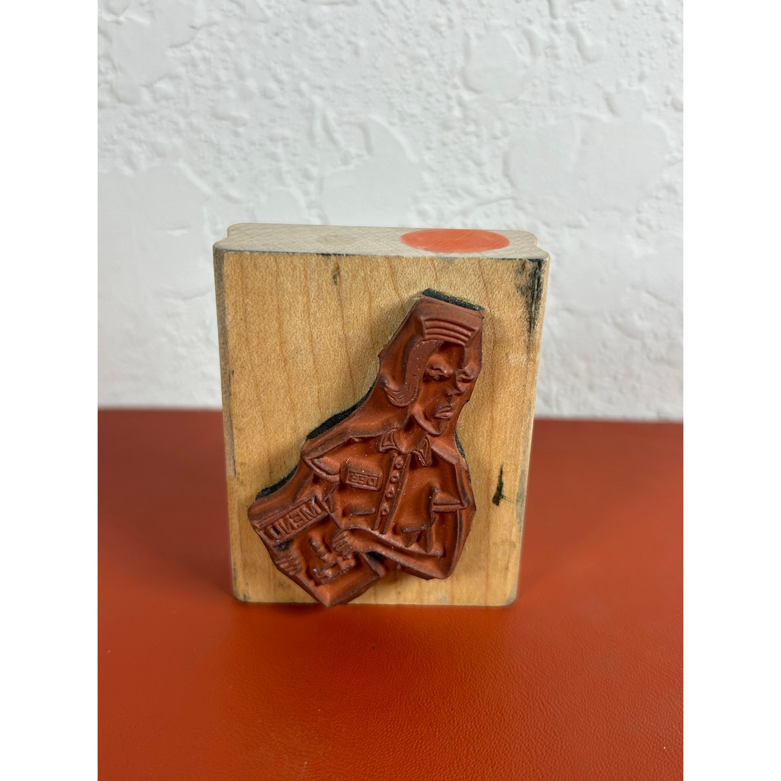 Vtg American Art Wood Mounted Rubber Stamp-Grumpy Waitress Menu - preowned