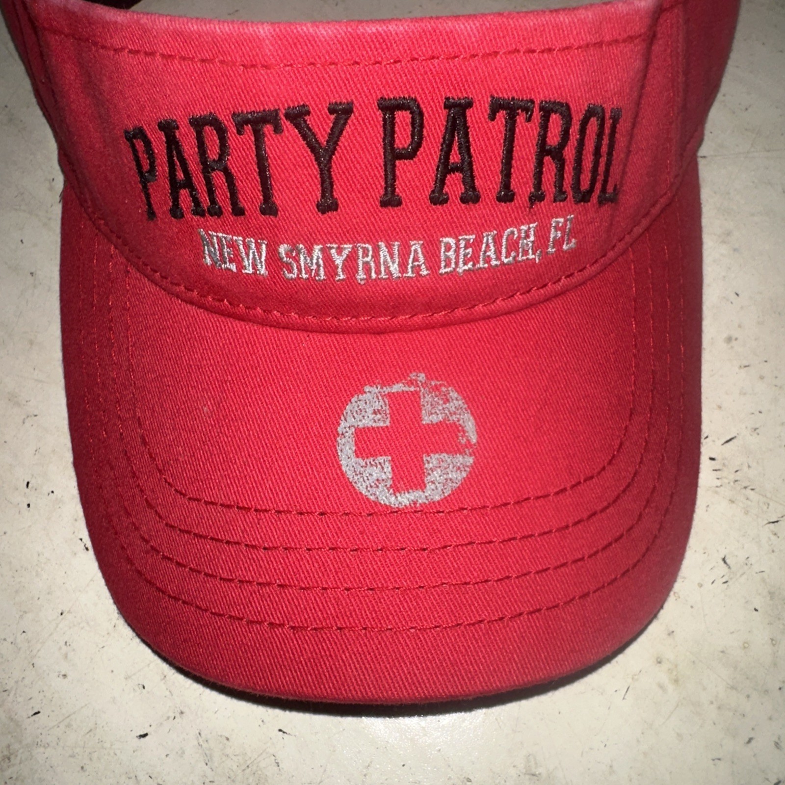 Party Patrol New Smyrna Beach Florida FL Red Visor Hat Adult Red Hook Loop Logo