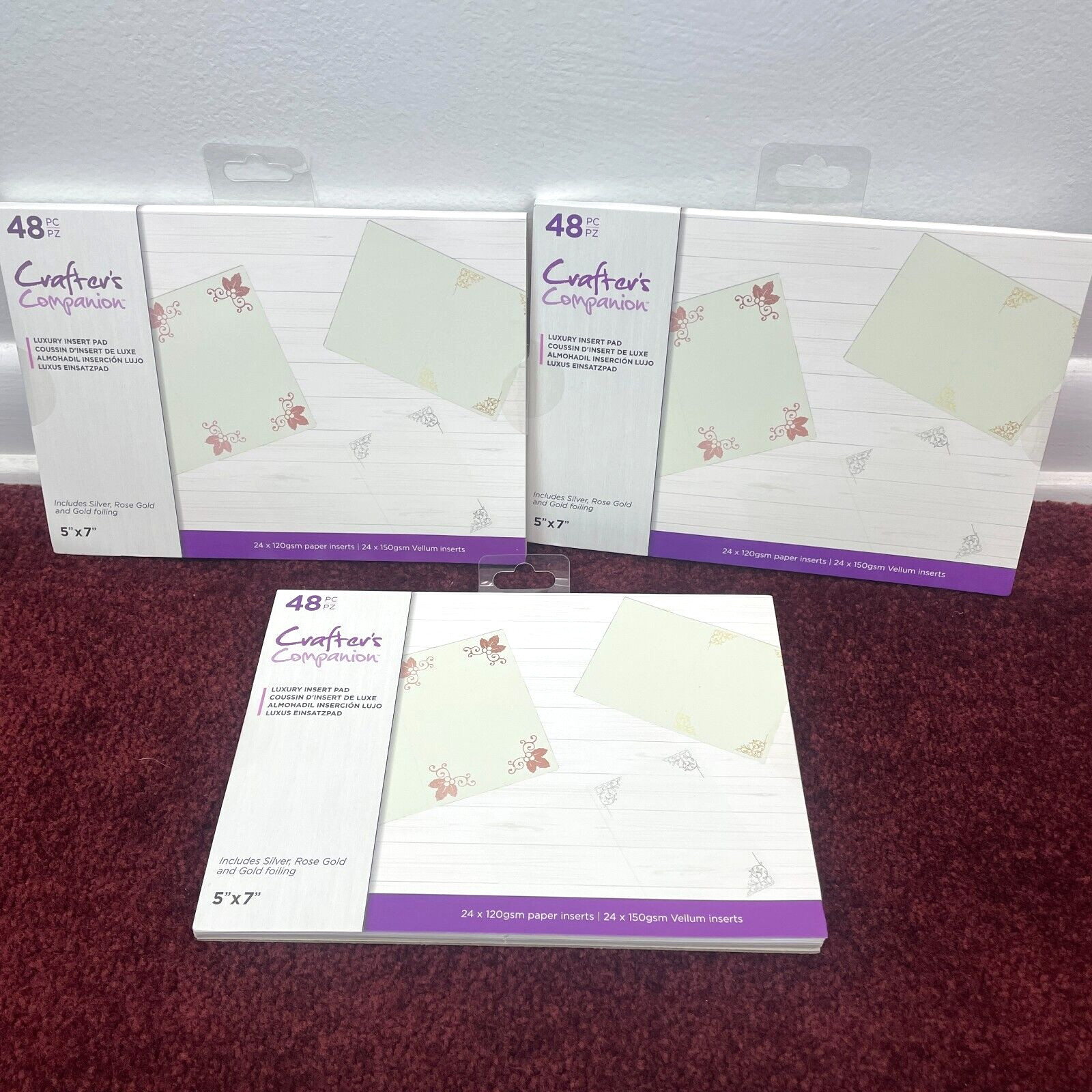 Lot 3 Crafters Companion Luxury Insert Pad Paper Foil 5x7" (144 pcs) Gold Silver