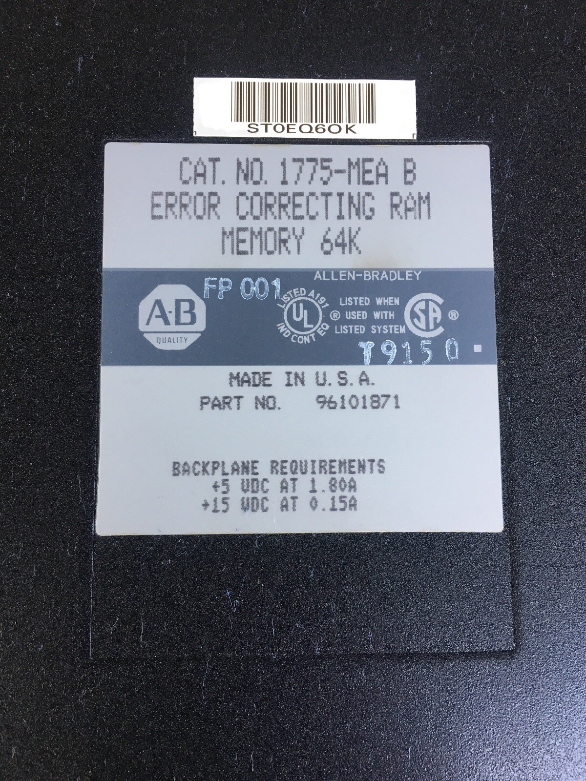 ALLEN BRADLEY 1775-MEA B 64K ERROR CORRECTING MEMORY 96101871