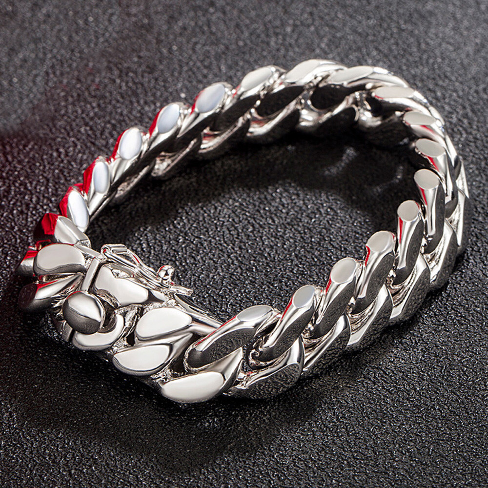 925 Sterling Silver 13.5mm Cuban Chain Bracelet Lenght 7"-10" for Men Boys Women
